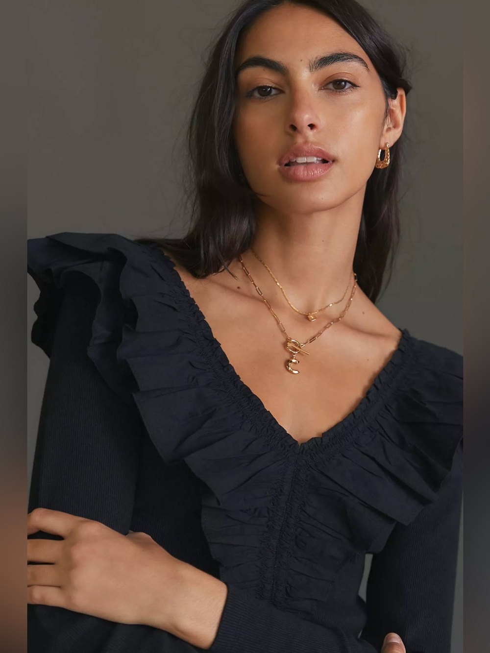 Maeve by Anthropologie Ruffled V-Neck Black Knit Top